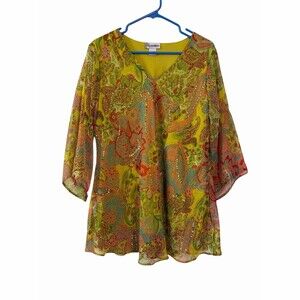 Signature Womens Tunic Top XL Multicolor Boho Paisley Floral Sequin 3/4